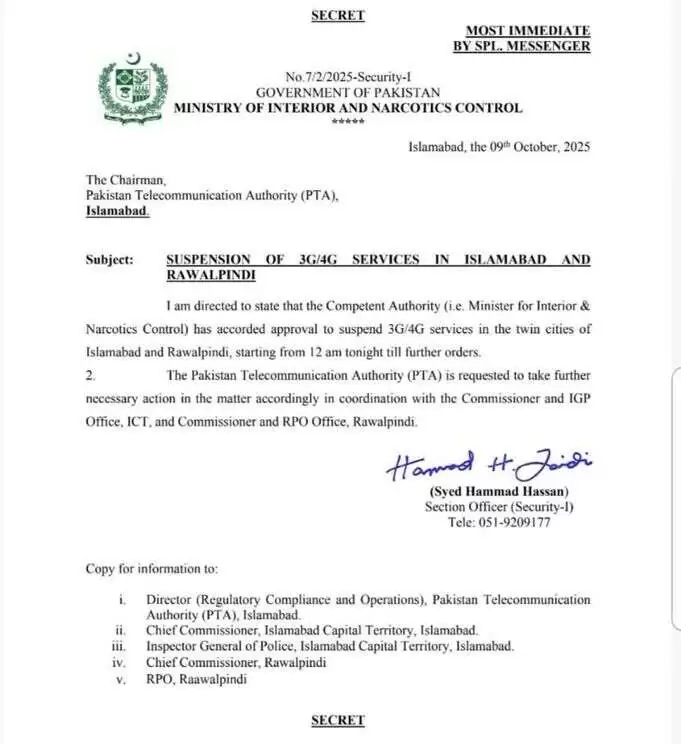 Interior Ministry notification directing the PTA to suspend 3G and 4G mobile services in Islamabad and Rawalpindi from midnight, October 10, 2025.